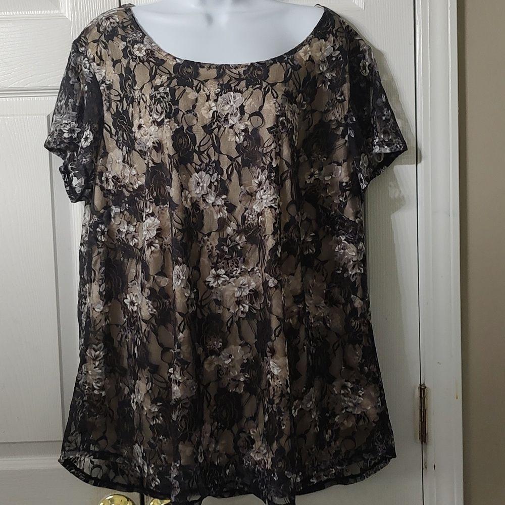 Adiva overlay black white gray tan Top Sz 2X